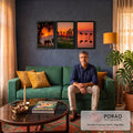 Quadro Decorativo Kit 3 Telas Pôr do Sol Elefante para Sala | quadros decorativos para sala de estar | tríptico com elefante, palmeiras e flamingos em silhueta sob céu laranja de pôr do sol | em ambiente 3 | Porao dos Quadros