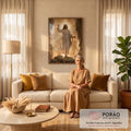 Quadro Decorativo Grande Jesus Cristo Ressurreição para Sala | quadros decorativos para sala de estar | Jesus Cristo ressuscitado em túnica branca com halo de luz dourada saindo da caverna | em ambiente 3 | Porao dos Quadros