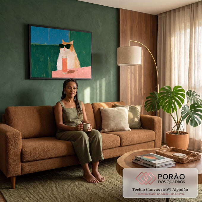 Gato laranja e branco de óculos escuros com drink rosa em mesa rosa e fundo verde, pintura quadro decorativo