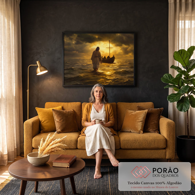 Quadro Decorativo Grande Jesus Milagre Biblico para Sala | quadros decorativos para sala de estar | Jesus caminhando sobre o mar em direção a um barco, céu dourado dramático | em ambiente 3 | Porao dos Quadros