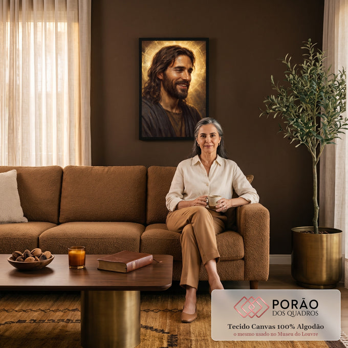 Quadro Decorativo Grande Jesus Sorridente para Sala Dourado | quadros decorativos | retrato de Jesus sorrindo com halo dourado e manto escuro em pintura clássica | em ambiente 2 | Porao dos Quadros