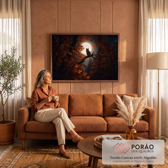 Coruja pousada em galho diante da lua cheia, cercada por folhas de outono alaranjadas, quadro decorativo