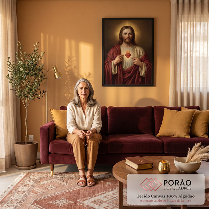 Quadro Decorativo Grande Sagrado Coração de Jesus para Sala | quadros decorativos para sala de estar | Jesus Cristo apontando para o Sagrado Coração em chamas com coroa de espinhos | em ambiente 3 | Porao dos Quadros