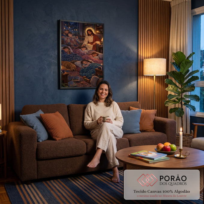 Quadro Decorativo Grande Jesus Velando o Sono para Sala Azul | quadros decorativos para sala de estar | Jesus com halo dourado ao lado de família adormecida em sala aconchegante durante chuva noturna | em ambiente 3 | Porao dos Quadros