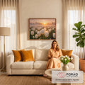 Quadro Decorativo Grande Campo de Tulipas para Sala Branco | quadros decorativos para sala de estar | campo de tulipas brancas com orvalho ao nascer do sol entre névoa | em ambiente 3 | Porao dos Quadros