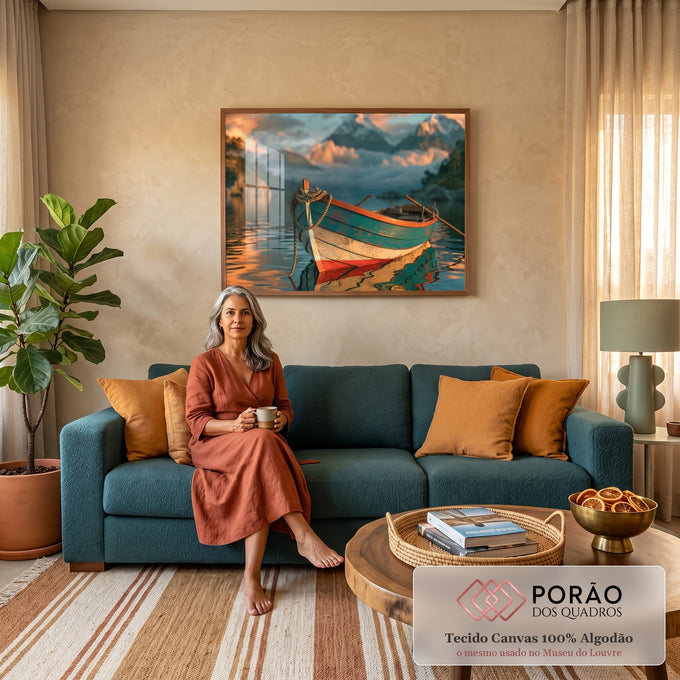 Quadro Decorativo Barco a Remo Verde com Montanhas | quadros decorativos para sala de estar | barco de madeira verde e vermelho em água calma com montanhas ao fundo | em Quadros para Quarto | Porao dos Quadros