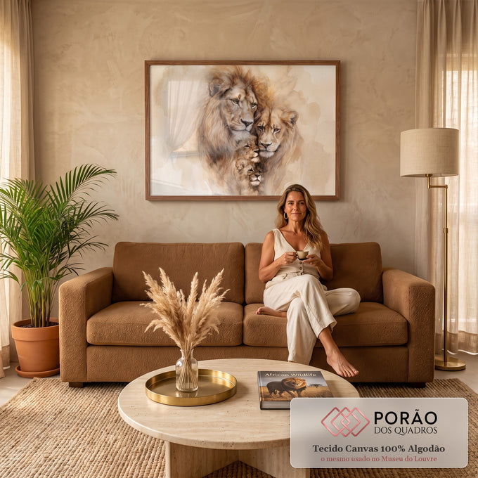 Quadro Decorativo Grande Família de Leões para Sala Bege | quadros decorativos para sala de estar | família de leões em aquarela com dois filhotes em tons bege e marrom | em ambiente 3 | Porao dos Quadros