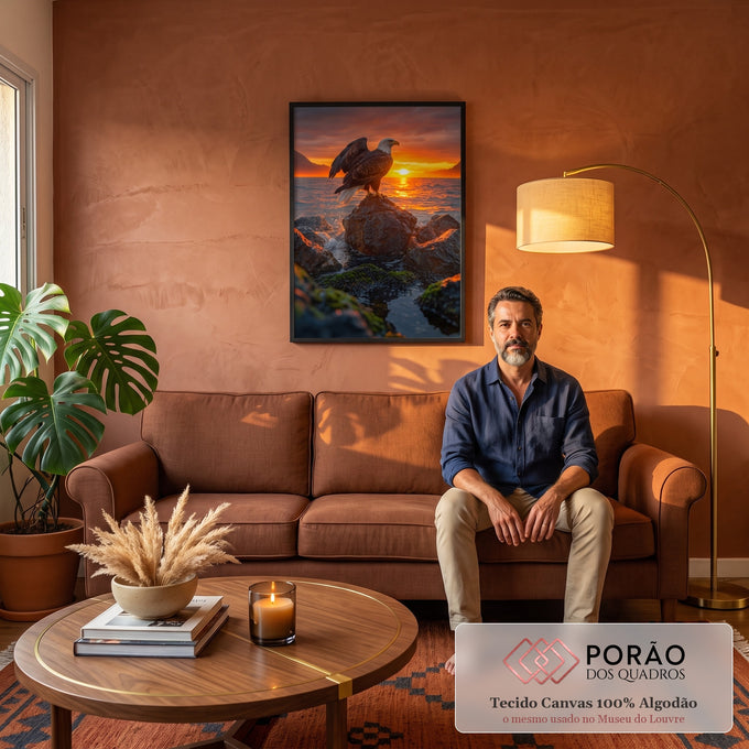Quadro Decorativo Grande Águia na Rocha para Sala Laranja | quadros decorativos para sala de estar | águia pousada em rocha à beira-mar com pôr do sol laranja ao fundo | em ambiente 3 | Porao dos Quadros