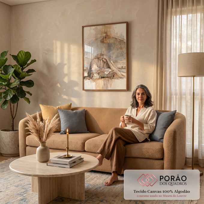 Quadro Decorativo Sagrada Família com Estrela de Belém | quadros decorativos para sala de estar | casal ajoelhado sobre manjedoura com bebê, estrela dourada ao fundo | em ambiente 3 | Porao dos Quadros