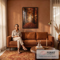 Quadro Decorativo Grande Paisagem Floresta para Sala Laranja | quadros decorativos para sala de estar | trilha de outono com folhas caídas e raios de sol entre árvores douradas | em ambiente 3 | Porao dos Quadros