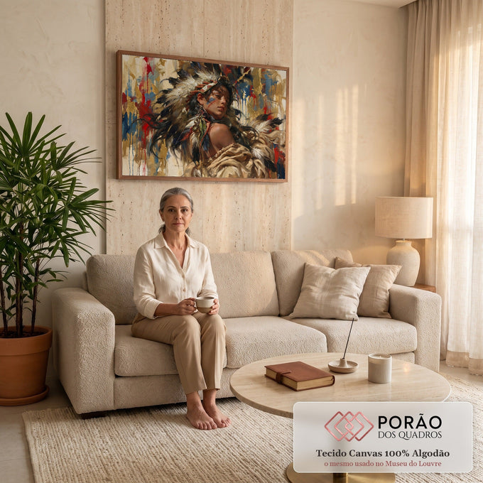Mulher indígena com cocar de penas e pintura facial em pinceladas soltas e fundo dourado, quadro decorativo