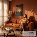 Quadro Decorativo Grande Lua Cheia Dourada para Sala Laranja | quadros decorativos | lua cheia dourada surgindo entre nuvens escuras num céu alaranjado de pôr do sol | em ambiente 2 | Porao dos Quadros