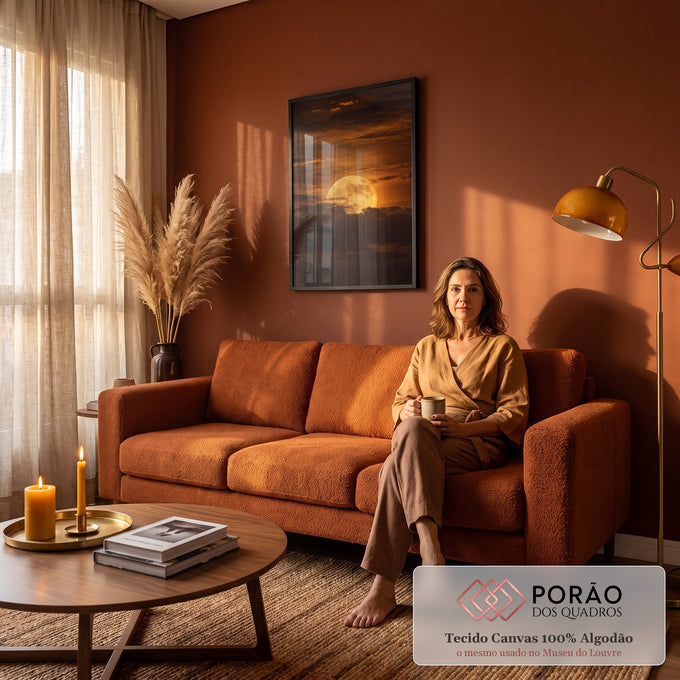 Quadro Decorativo Grande Lua Cheia Dourada para Sala Laranja | quadros decorativos | lua cheia dourada surgindo entre nuvens escuras num céu alaranjado de pôr do sol | em ambiente 2 | Porao dos Quadros