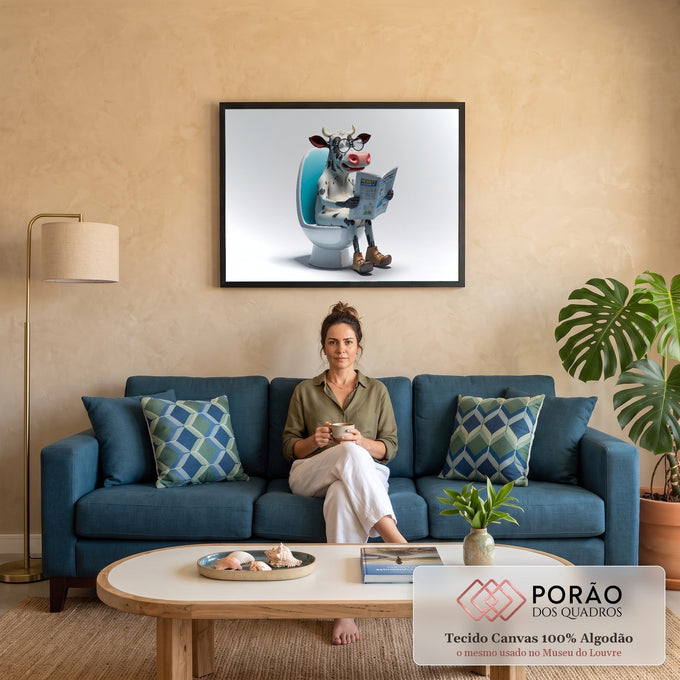 Quadro Decorativo Vaca Engraçada Lendo para Banheiro Branco | quadros decorativos para sala de estar | vaca com óculos e botas lendo revista sentada em vaso sanitário azul e branco | em ambiente 3 | Porao dos Quadros
