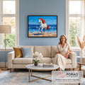 Cavalo branco de crina vermelha galopando na areia diante do mar azul, pintura a óleo, quadro decorativo