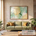 Quadro Decorativo Grande Folhas Tropicais para Sala Amarelo | quadros decorativos para sala de estar | folhas tropicais em aquarela dourada e verde com nervuras finas sobre fundo branco | em ambiente 3 | Porao dos Quadros