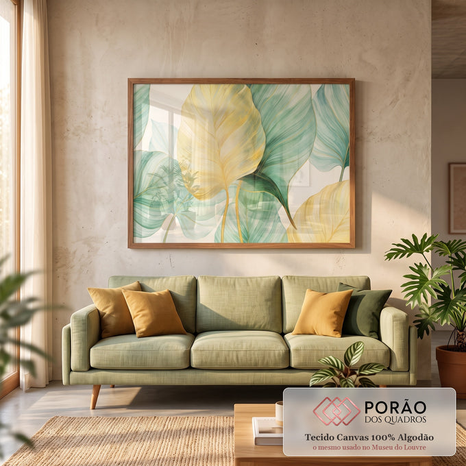 Quadro Decorativo Grande Folhas Tropicais para Sala Amarelo | quadros decorativos para sala de estar | folhas tropicais em aquarela dourada e verde com nervuras finas sobre fundo branco | em ambiente 3 | Porao dos Quadros