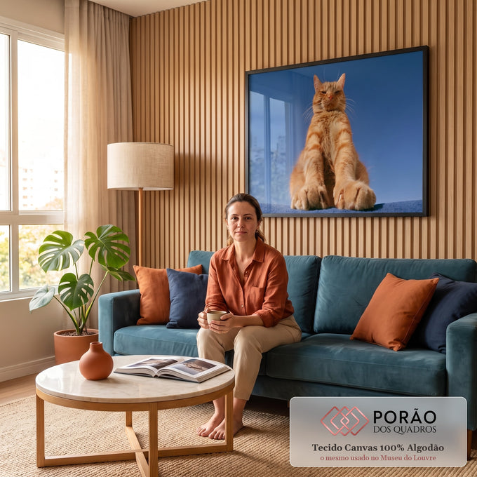 Quadro Decorativo Grande Gato Laranja para Sala Azul | quadros decorativos para sala de estar | gato laranja sentado com patas estendidas, ângulo baixo, fundo azul | em ambiente 3 | Porao dos Quadros