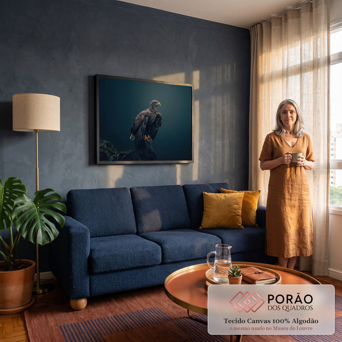 Águia rabalva pousada em rocha com musgo, olhar altivo e fundo azul petróleo escuro, quadro decorativo