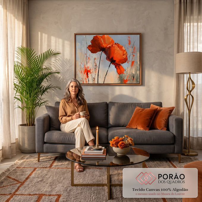 Quadro Decorativo Grande Papoulas Vermelhas para Sala | quadros decorativos para sala de estar | duas papoulas vermelho-alaranjadas texturizadas sobre fundo cinza com caules pretos | em ambiente 3 | Porao dos Quadros