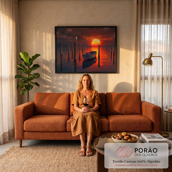 Quadro Decorativo Grande Pôr do Sol Gaivota para Sala | quadros decorativos para sala de estar | gaivota em poste de madeira com barco e pôr do sol vermelho ao fundo | em ambiente 3 | Porao dos Quadros