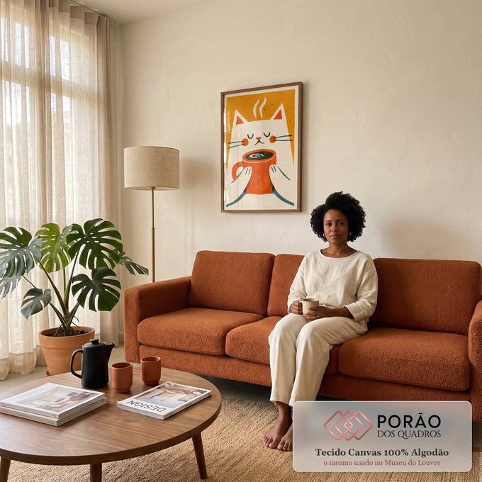 Quadro Decorativo Gato Branco Tomando Café em Fundo Laranja | quadros decorativos para sala de estar | gato branco fofo segurando caneca laranja de café fumegante em fundo laranja | em Quadros para Escritorio | Porao dos Quadros