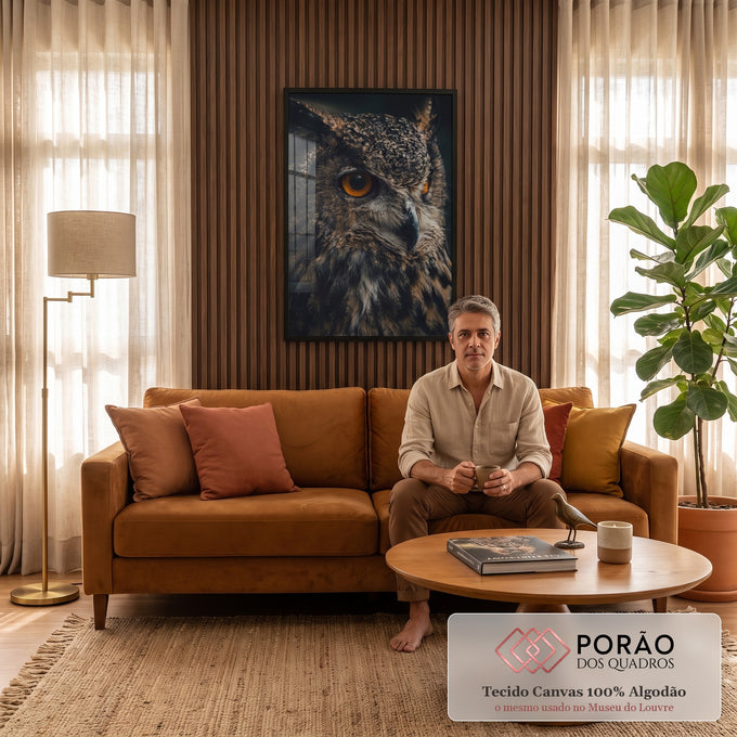Coruja em close de perfil com olhos laranja e penas marrons sobre fundo escuro, quadro decorativo