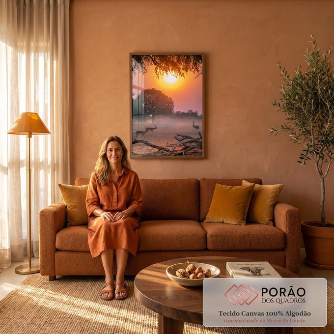 Dois impalas na savana africana ao pôr do sol laranja, com árvore e galhos secos, quadro decorativo