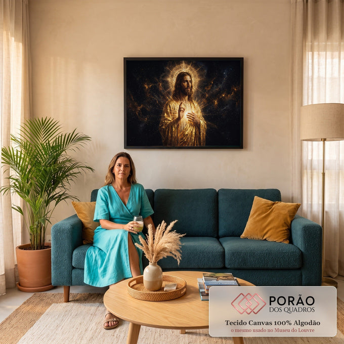 Quadro Decorativo Grande Jesus Manto para Sala Dourado | quadros decorativos para sala de estar | Jesus Cristo em manto dourado com auréola luminosa e céu estrelado ao fundo | em ambiente 3 | Porao dos Quadros