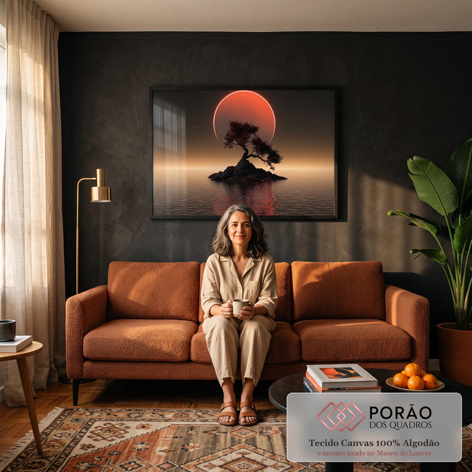Quadro Decorativo Grande Árvore Solitária para Sala Preto | quadros decorativos para sala de estar | árvore solitária em ilha de pedra com sol vermelho gigante refletido no mar escuro | em ambiente 3 | Porao dos Quadros