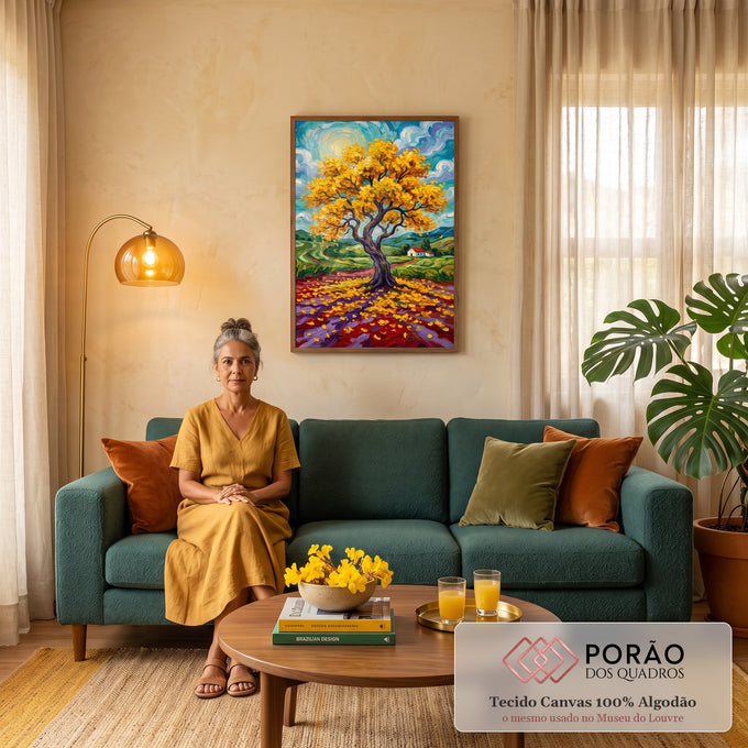 Quadro Decorativo Grande Árvore Amarela de Van para Sala | quadros decorativos para sala de estar | árvore de folhas douradas com céu turquesa em espiral e casa ao fundo | em ambiente 3 | Porao dos Quadros