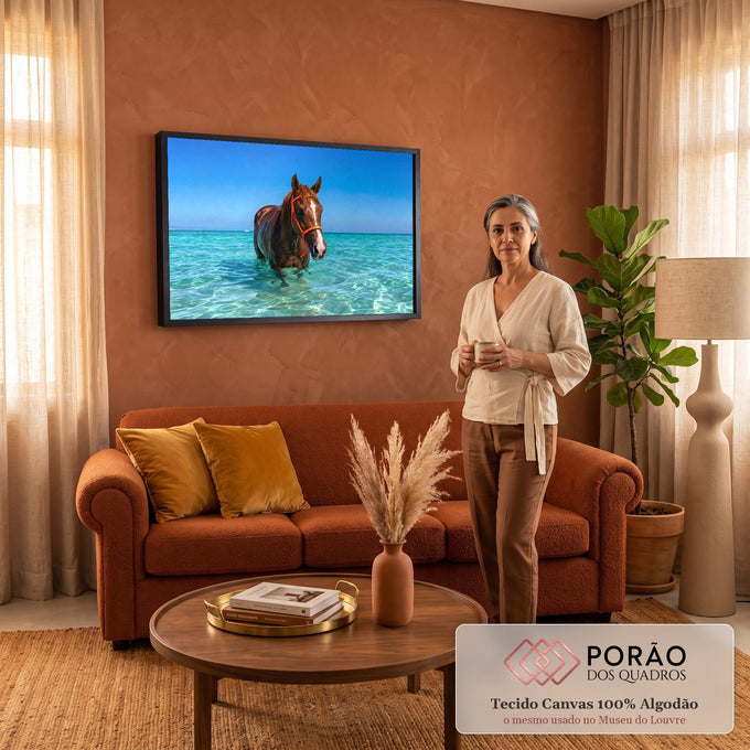 Cavalo alazão de cabresto laranja dentro do mar turquesa cristalino sob céu azul, quadro decorativo