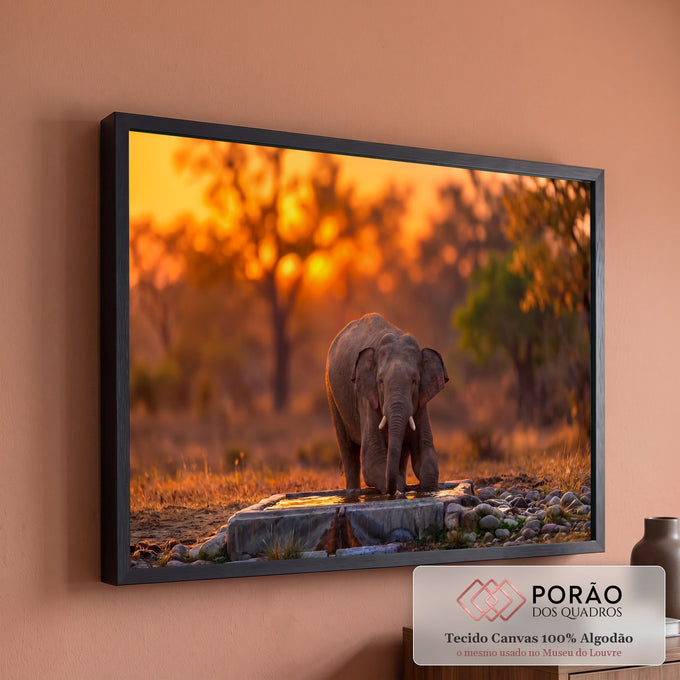 Elefante filhote bebendo água em bebedouro de pedra na savana ao pôr do sol laranja, quadro decorativo
