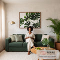 Quadro Decorativo Grande Folhas de Costela para Sala Verde | quadros decorativos para sala de estar | folhas verdes de Monstera recortadas vistas de baixo contra fundo branco | em ambiente 3 | Porao dos Quadros