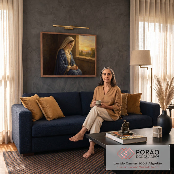 Nossa Senhora de manto azul em oração junto à janela de pedra com pôr do sol dourado, quadro decorativo