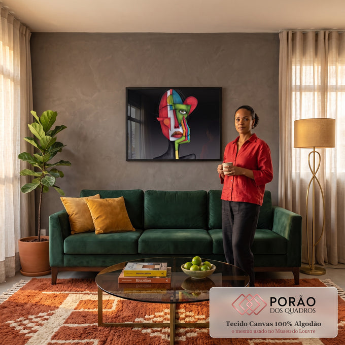 Rosto de mulher cubista vermelho e verde com mão colorida no queixo sobre fundo preto, quadro decorativo