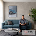 Traseira de Porsche 911 clássico azul com aerofólio ducktail e rodas em fundo cinza, quadro decorativo