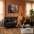 Rosto de mulher de olhos fechados em pintura a óleo com espátula em azul e laranja, quadro decorativo