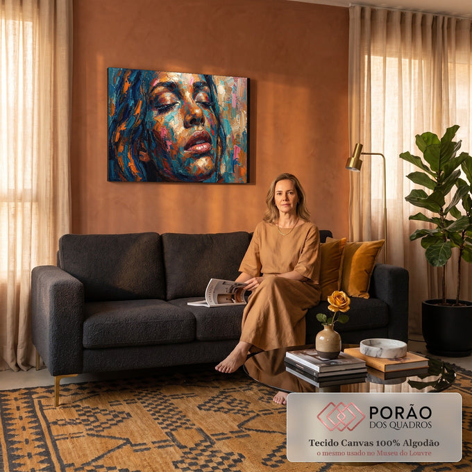 Rosto de mulher de olhos fechados em pintura a óleo com espátula em azul e laranja, quadro decorativo