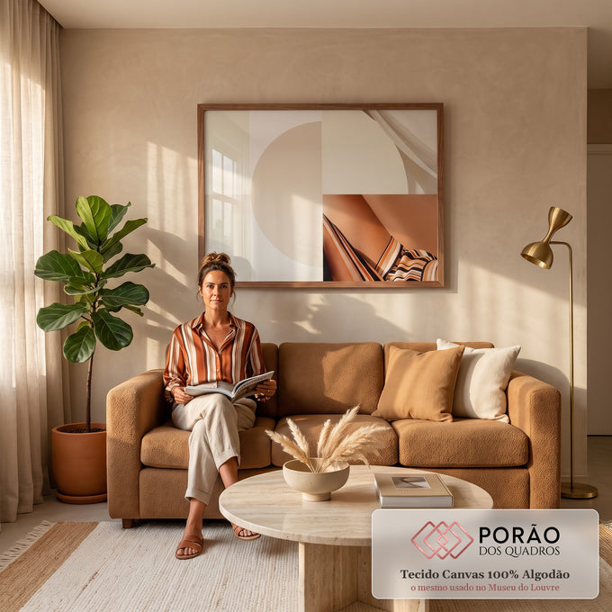 Quadro Decorativo Grande Composição com Lenço para Sala Bege | quadros decorativos para sala de estar | painel bege com forma circular, tecido fluido e lenço listrado sobre pele | em ambiente 3 | Porao dos Quadros