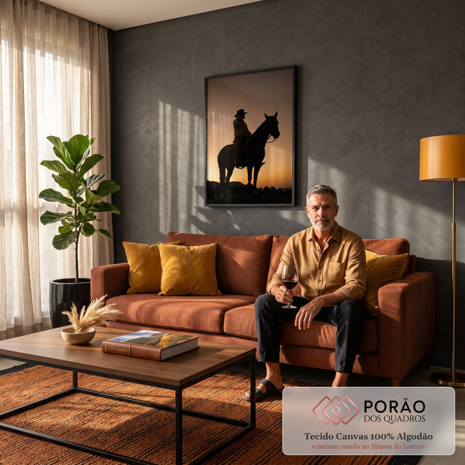 Silhueta de cowboy montado a cavalo contra céu laranja do pôr do sol, quadro decorativo