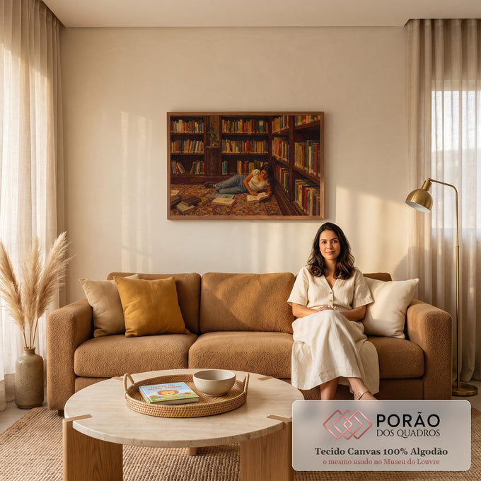 Quadro Decorativo Grande Mulher Lendo Marrom para Escritório | quadros decorativos para sala de estar | mulher deitada lendo livro no chão entre estantes repletas de livros coloridos | em ambiente 3 | Porao dos Quadros