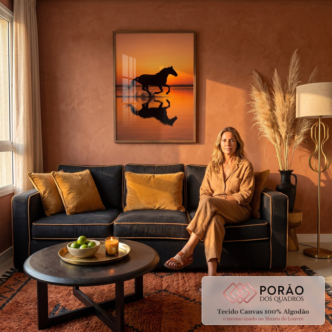 Silhueta de cavalo galopando na água ao pôr do sol laranja, com reflexo no lago, quadro decorativo