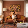 Foto aérea de duas girafas e filhote com pescoços em forma de coração na savana, quadro decorativo