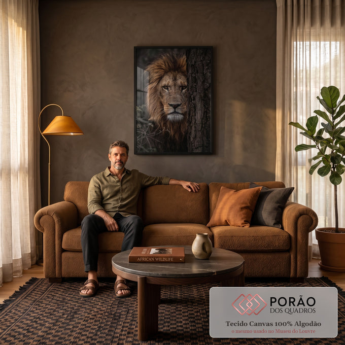 Quadro Decorativo Grande Leão Escondido para Sala Marrom | quadros decorativos para sala de estar | leão com juba dourada espreitando atrás de um tronco de árvore, olhar fixo | em ambiente 3 | Porao dos Quadros