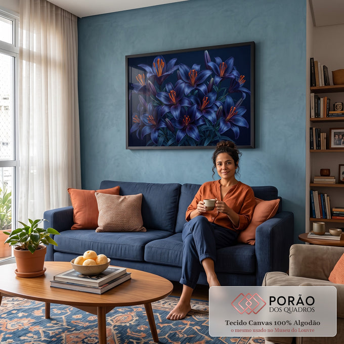 Quadro Decorativo Grande Lírios Azuis para Sala Azul | quadros decorativos para sala de estar | lírios azul-marinho com estames laranja e gotas de orvalho sobre fundo escuro | em ambiente 3 | Porao dos Quadros