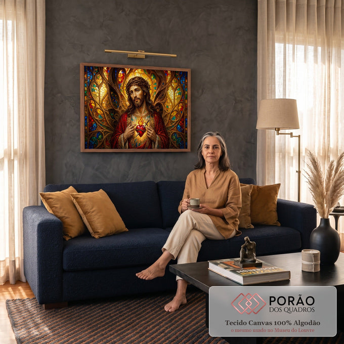 Jesus com coroa de espinhos e coração flamejante em vitral colorido dourado, quadro decorativo