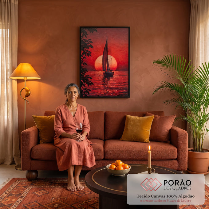 Quadro Decorativo Veleiro ao Pôr do Sol Vermelho | quadros decorativos para sala de estar | veleiro em silhueta diante de um sol vermelho gigante no horizonte do mar | em Quadros para Quarto | Porao dos Quadros