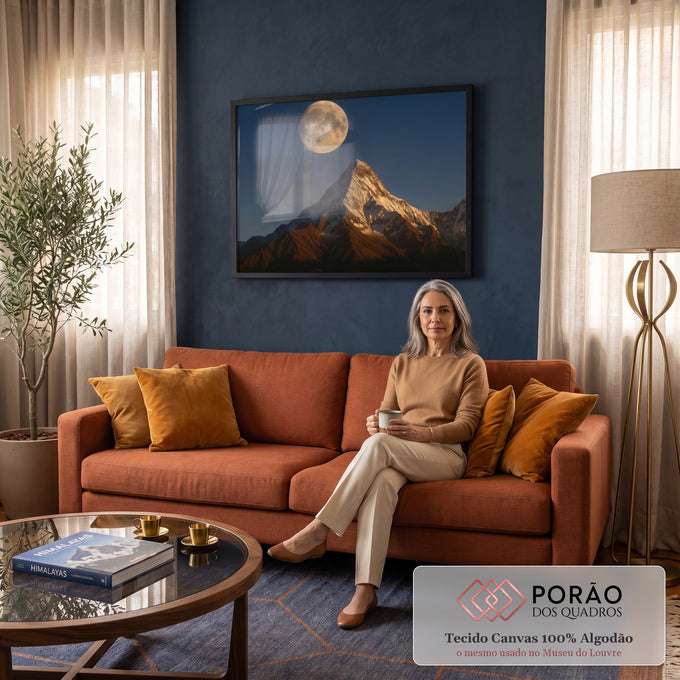Quadro Decorativo Grande Lua Cheia Montanha Nevada para Sala | quadros decorativos para sala de estar | lua cheia sobre pico de montanha nevado iluminado em dourado ao entardecer | em ambiente 3 | Porao dos Quadros