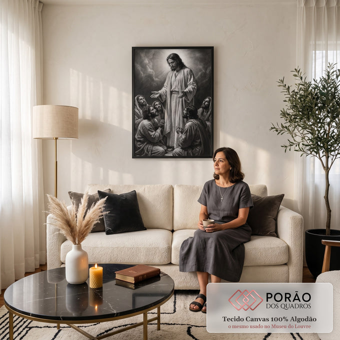 Quadro Decorativo Grande Jesus Abençoando para Sala Preto | quadros decorativos para sala de estar | Jesus com halo de luz abençoando apóstolos ajoelhados em preto e branco | em ambiente 3 | Porao dos Quadros